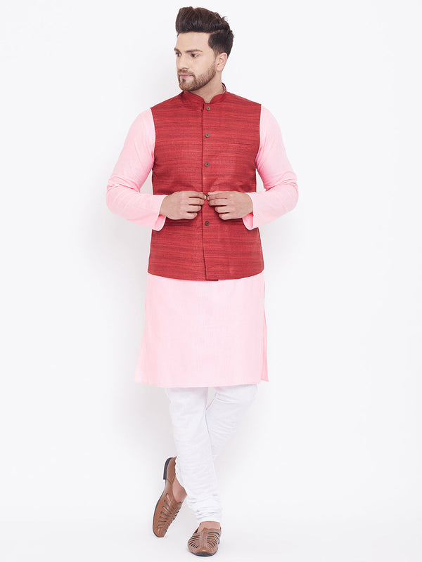 Jashvi Men's Maroon, Pink And White Cotton Blend Jacket, Kurta and Pyjama Set