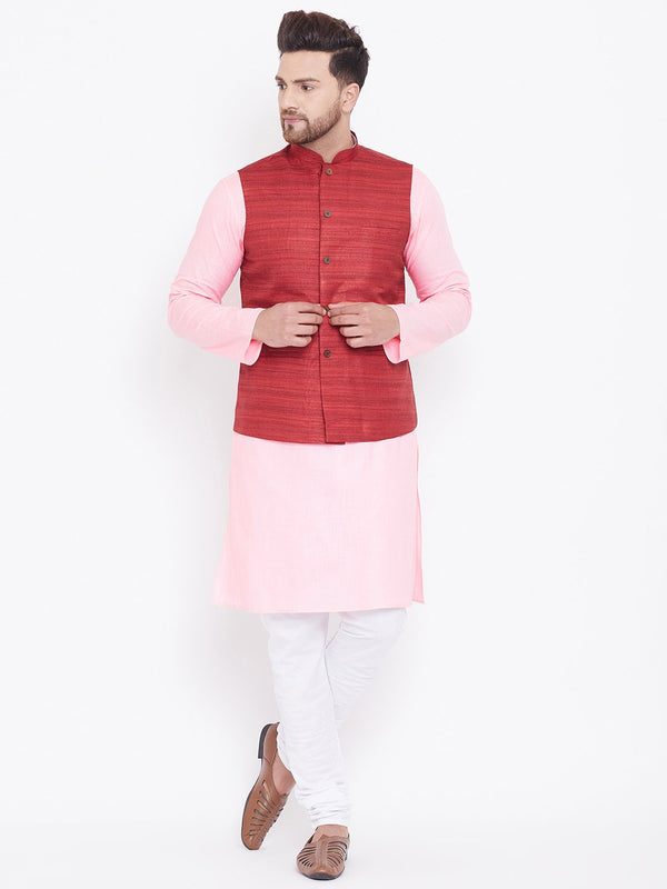 Men's Maroon, Pink And White Cotton Blend Jacket, Kurta and Pyjama Set - Vastramay