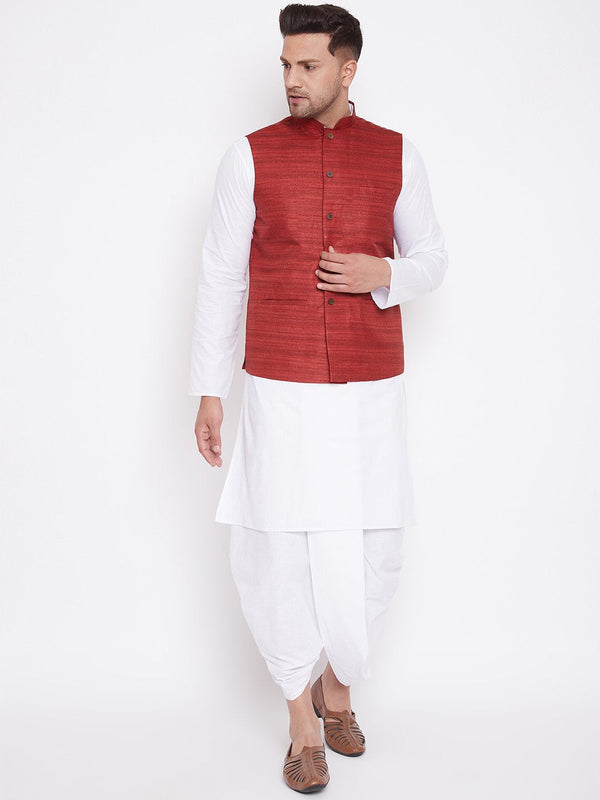 Men's Maroon And White Cotton Blend Jacket, Kurta and Dhoti Set - Vastramay