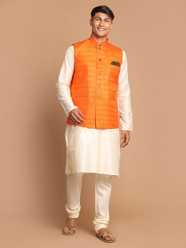 Jashvi Men's Orange Cotton Blend Jacket With Cream Solid Kurta And Pyjama Set