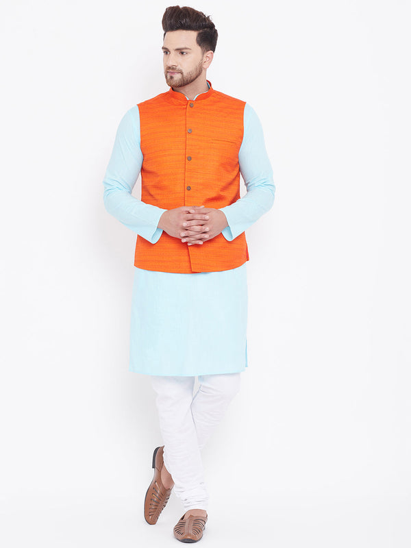 Jashvi Men's Orange, Aqua And White Cotton Blend Jacket, Kurta and Pyjama Set