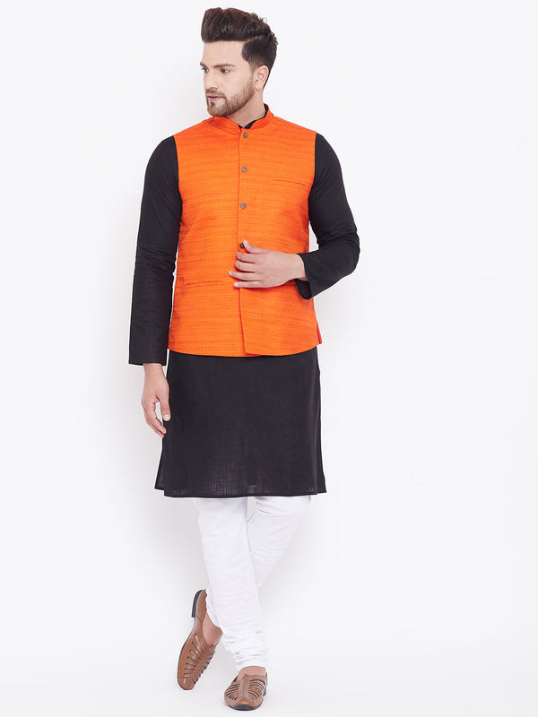 Jashvi Men's Orange, Black And White Cotton Blend Jacket, Kurta and Pyjama Set