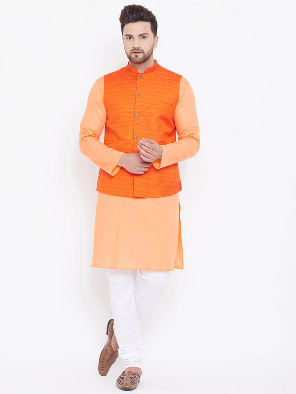 Jashvi Men's Orange, Fawn And White Cotton Blend Jacket, Kurta and Pyjama Set