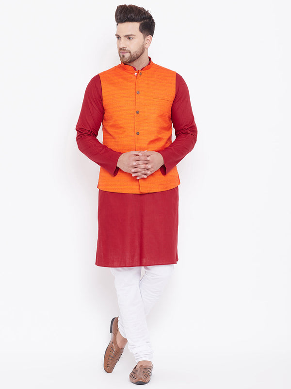 Jashvi Men's Orange, Maroon And White Cotton Blend Jacket, Kurta and Pyjama Set