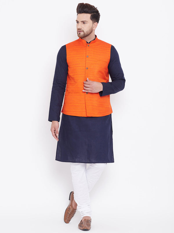 Jashvi Men's Orange, Navy Blue And White Cotton Blend Jacket, Kurta and Pyjama Set