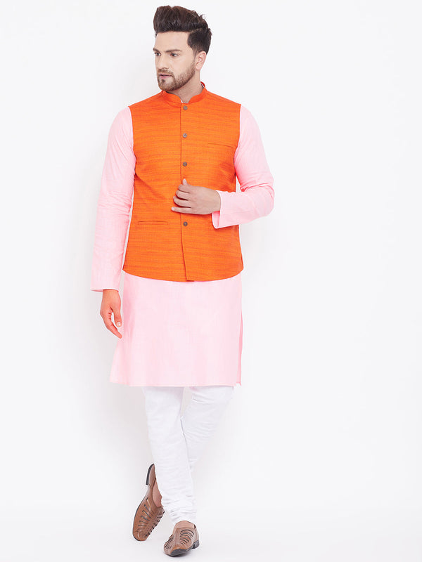 Jashvi Men's Orange, Pink And White Cotton Blend Jacket, Kurta and Pyjama Set