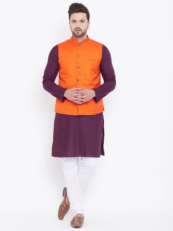 Jashvi Men's Orange Cotton Blend Jacket With Purple And White Kurta and Pyjama Set