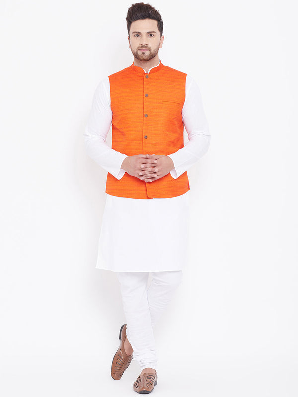 Jashvi Men's Orange And White Cotton Blend Jacket, Kurta and Pyjama Set