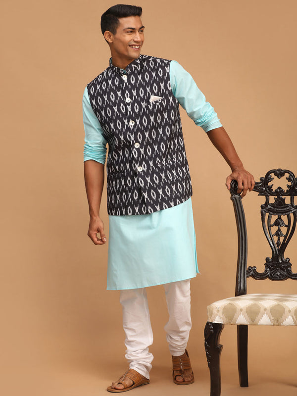 Jashvi Men's Black Ikkat Printed Cotton Nehru Jacket With Aqua Blue Kurta And White Pyjama Set