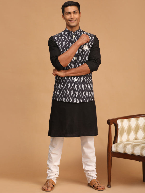 Jashvi Men's Black Ikaat Printede Cotton Nehru Jacket With Black Kurta And White Pyjama Set