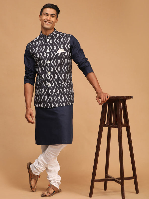 Jashvi Men's Black Ikkat Printed Cotton Nehru Jacket With Navy Blue Kurta And White Pyjama Set