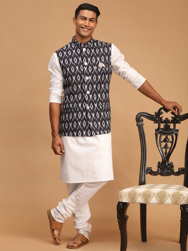 Jashvi Men's Black Ikkat Printed Cotton Nehru Jacket With White Kurta And Pyjama Set