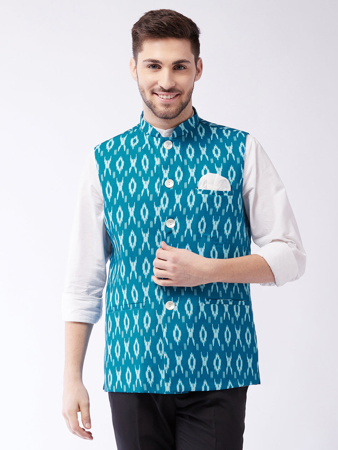 Men's Turquoise Cotton Nehru Jacket - Vastramay