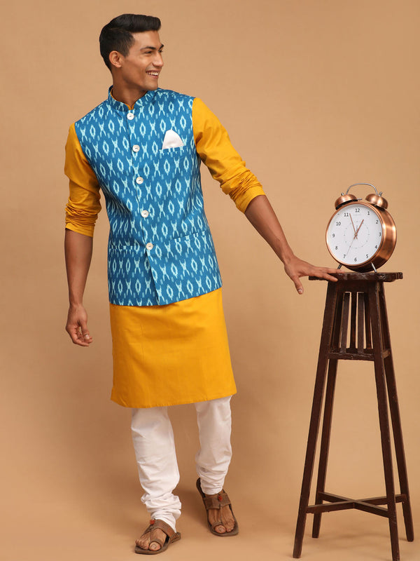 Jashvi Men's Turquoise Ikkat Printed Cotton Nehru Jacket With Mustard Kurta And White Pyjama Set