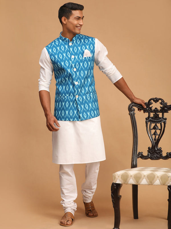 Jashvi Men's Turquoise Cotton Nehru Jacket With White Kurta And Pyjama Set