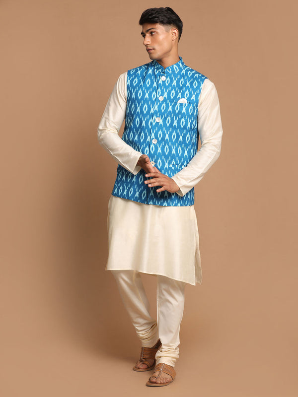 Jashvi Men's Turquoise Cotton Nehru Jacket  With Cream Kurta And Pyjama Set