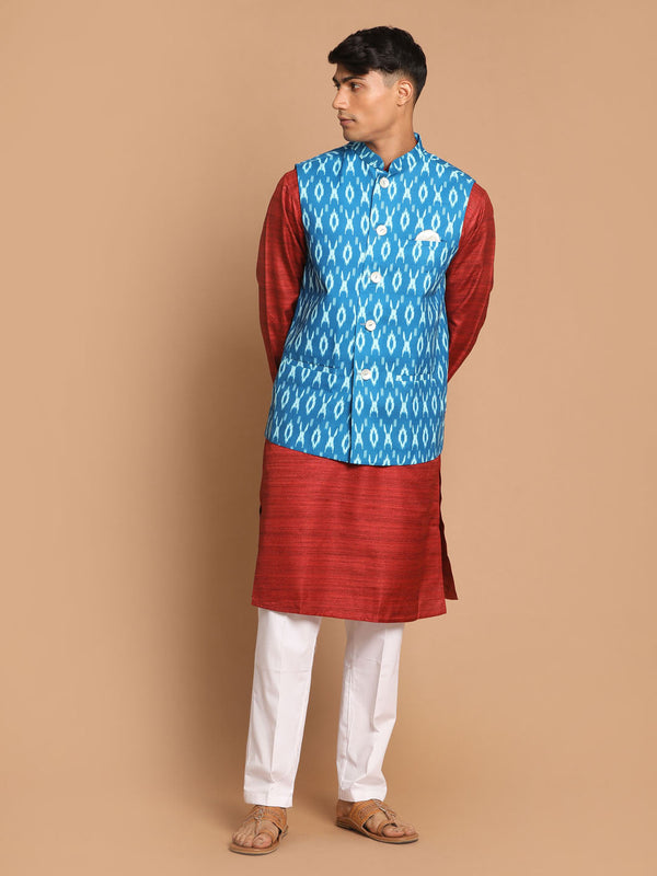 Jashvi Men's Turquoise Cotton Nehru Jacket  With Maroon Kurta And Pyjama Set