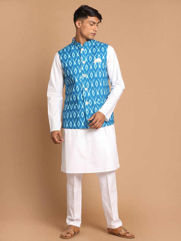 Jashvi Men's Turquoise Cotton Nehru Jacket With White Kurta And Pant Set