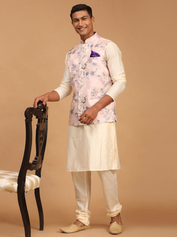 Jashvi Light Pink Floral Print Nehru Jacket And Cream Solid Kurta With Pyjama Set