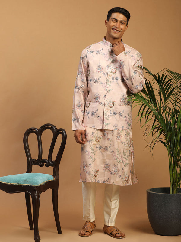 Jashvi Light Pink Floral Print Nehru Jacket And Pink Printed Kurta With Cream Viscose Pant Set