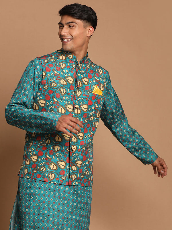 Jashvi Men's Green Printed Nehru Jacket