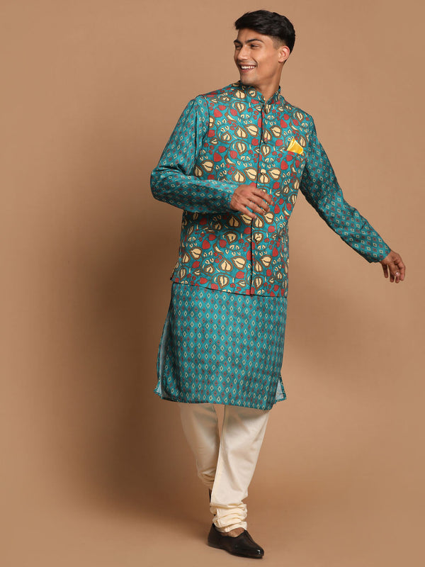 Jashvi Men's Green Printed Nehru Jacket And kurta With Cream Pyjama Set