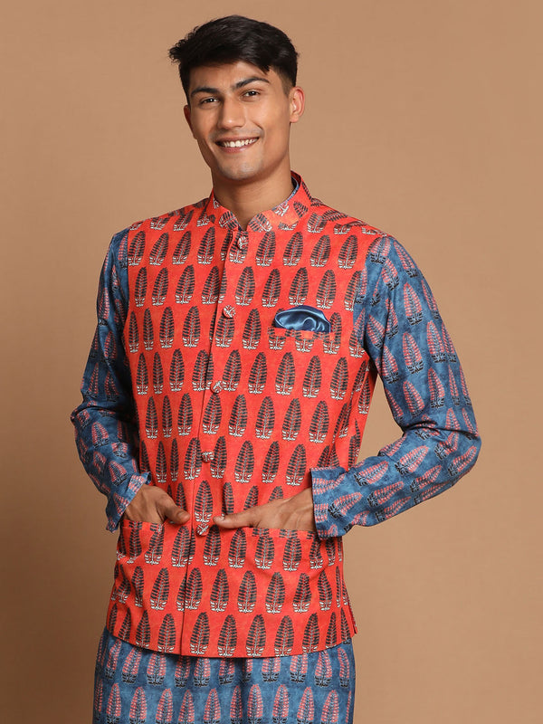 Jashvi Men's Orange Printed Nehru Jacket