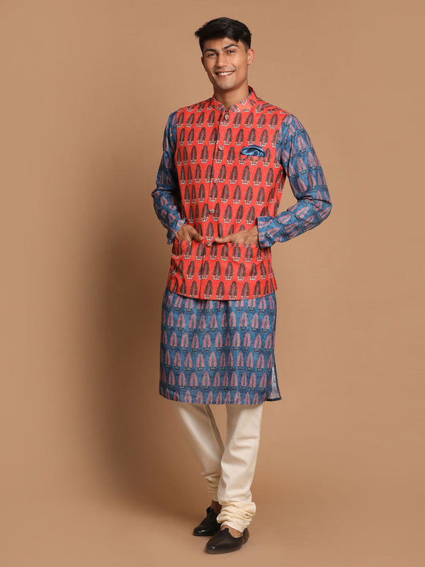 Jashvi Men's Orange Printed Nehru Jacket And Blue kurta With Pyjama Set