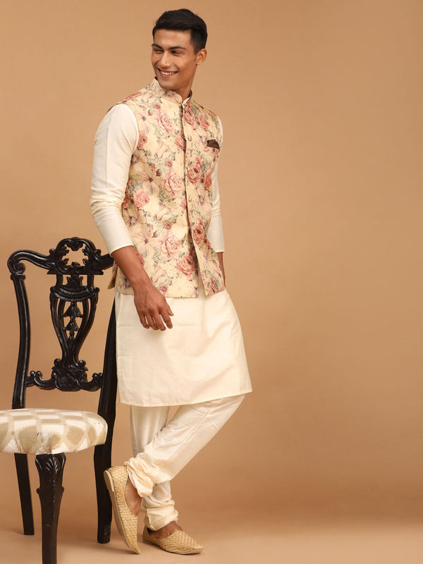 Jashvi Beige Printed Nehru Jacket And Cream Solid Kurta With Pyjama Set