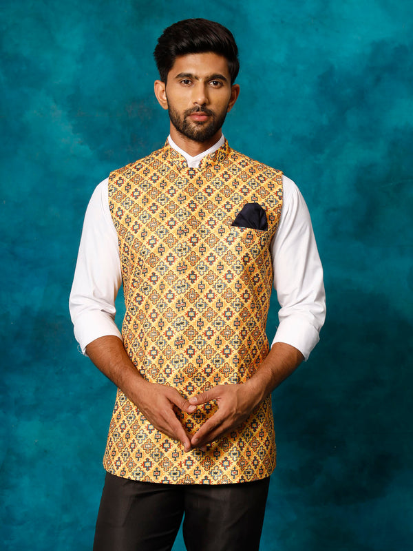 Jashvi Yellow Geometric Print Embellished Nehru Jacket