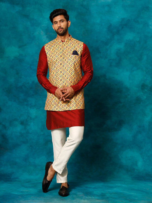 Jashvi Men's Mustard Geometric Printed Nehru Jacket With Curved Kurta And Pant Set