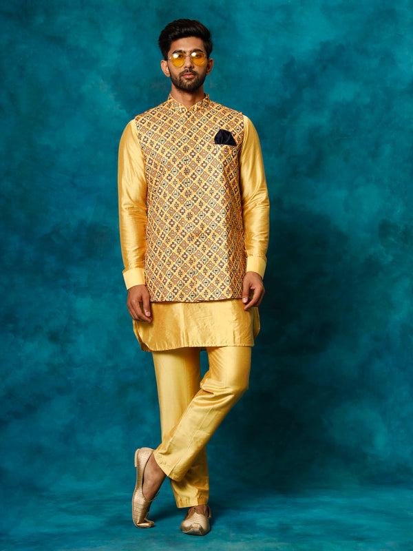 Jashvi Men's Mustard Geometric Printed Nehru Jacket With Curved Kurta And Pant Set