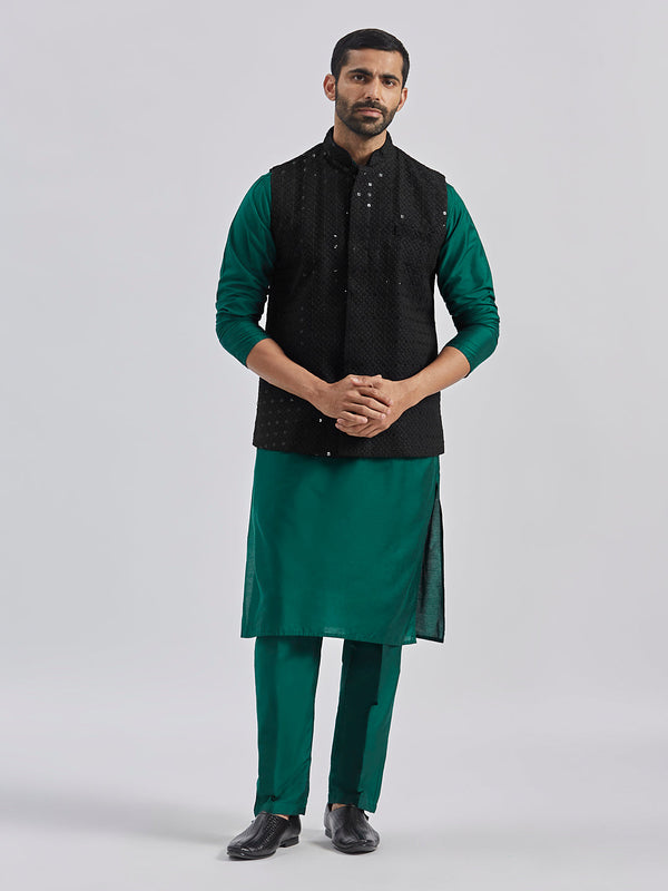 Jashvi Men's Black And Bottle Green Viscose Jacket, Kurta and Pyjama Set