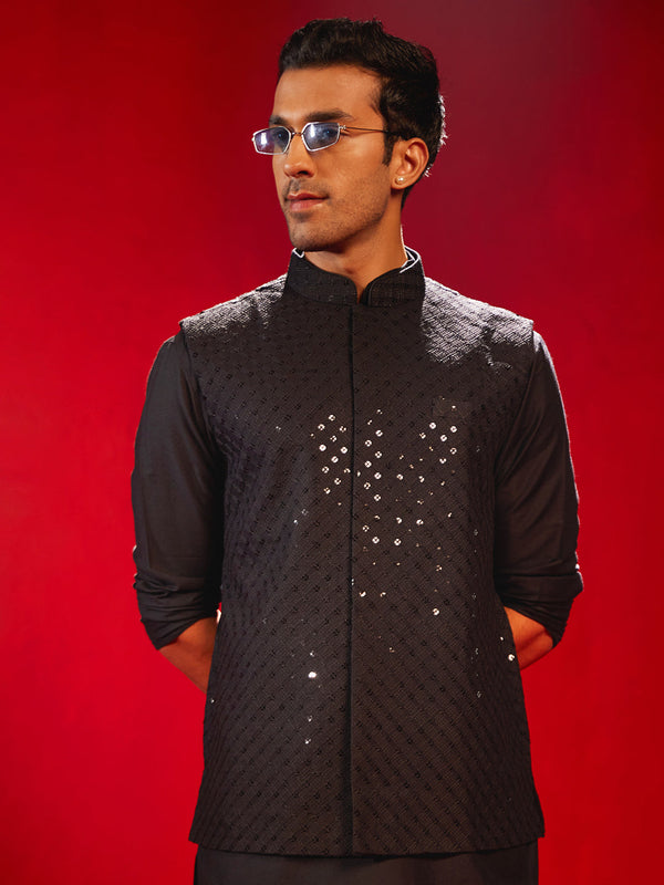 Jashvi Black Rayon Sequined Nehru Jacket