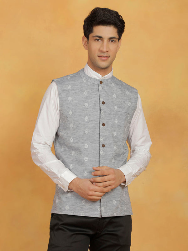 Jashvi Men's Grey Cotton Nehru Jacket