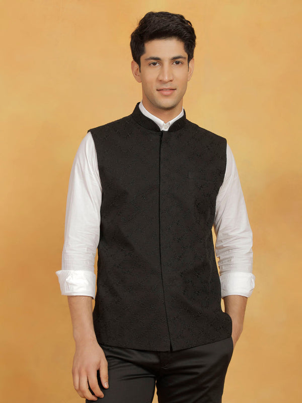 Jashvi Men's Black Cotton Nehru Jacket