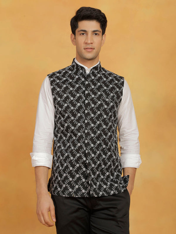 Jashvi Men's Black Cotton Nehru Jacket