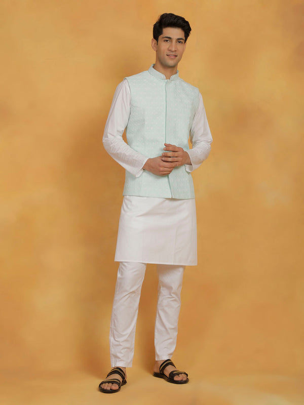 Jashvi Men's White And Green Cotton Silk Jacket, Kurta and Pyjama Set