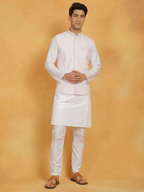 Jashvi Men's White And Pink Cotton Silk Jacket, Kurta and Pyjama Set