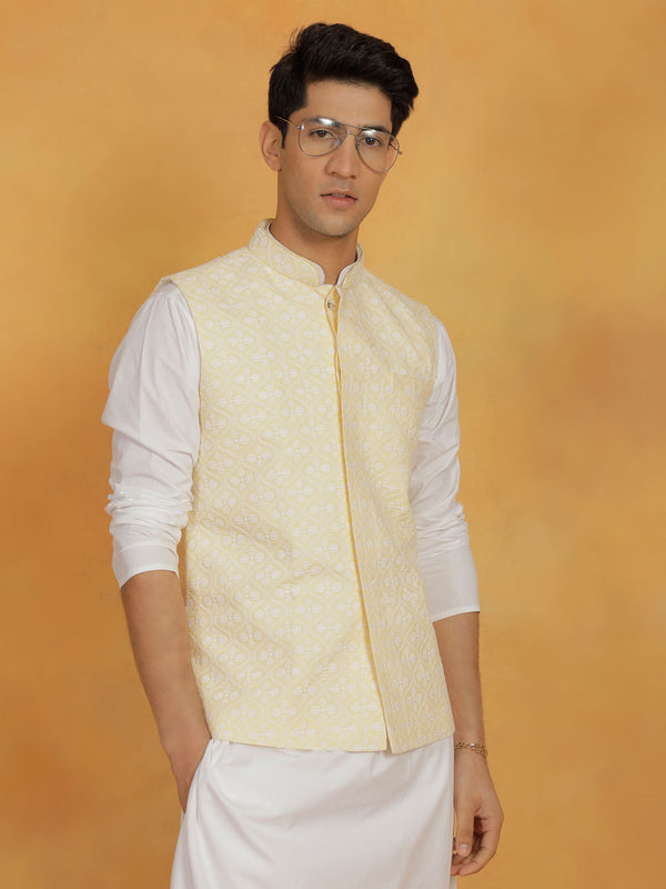 Jashvi Men's Yellow Cotton Nehru Jacket