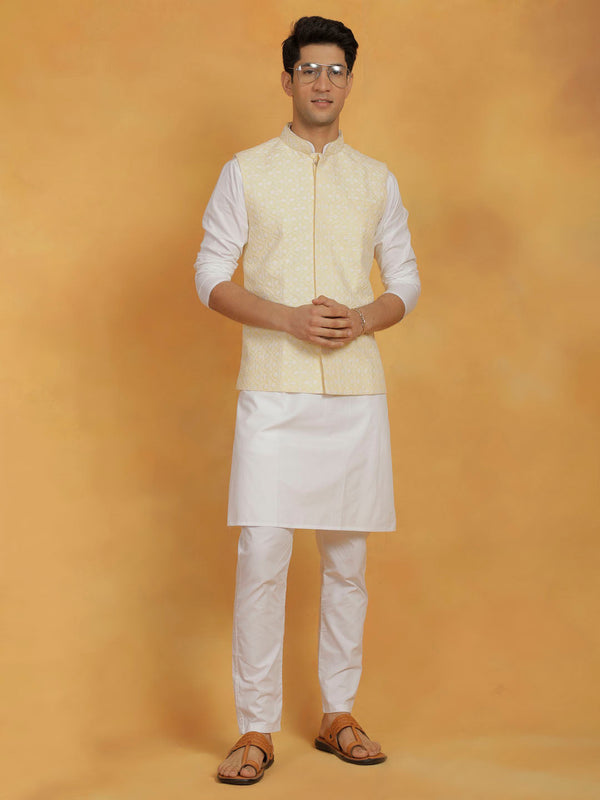 Jashvi Men's White And Yellow Cotton Silk Jacket, Kurta and Pyjama Set