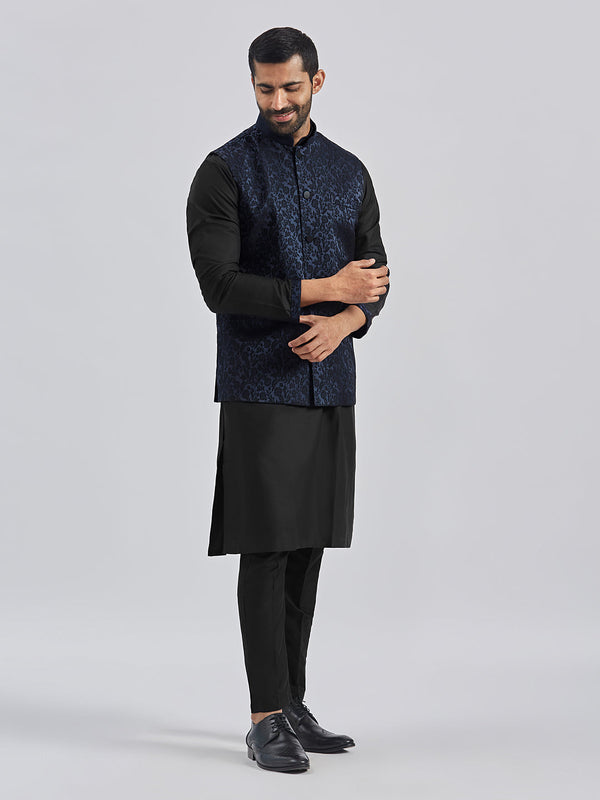 Jashvi Men's Navy Blue Silk Blend Jacket,Kurta And Pyjama Set.