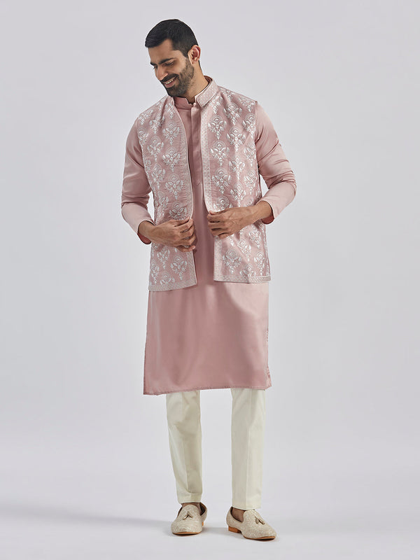 Jashvi Men's Beige And Cream Silk Blend Jacket, Kurta and Pyjama Set