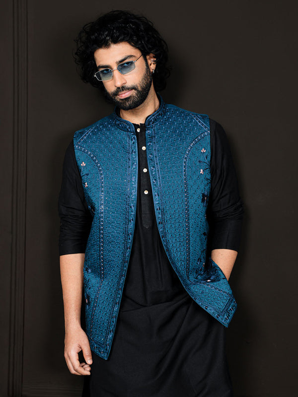 Jashvi Men's Black And Turquoise Viscose Jacket, Kurta and Pyjama Set