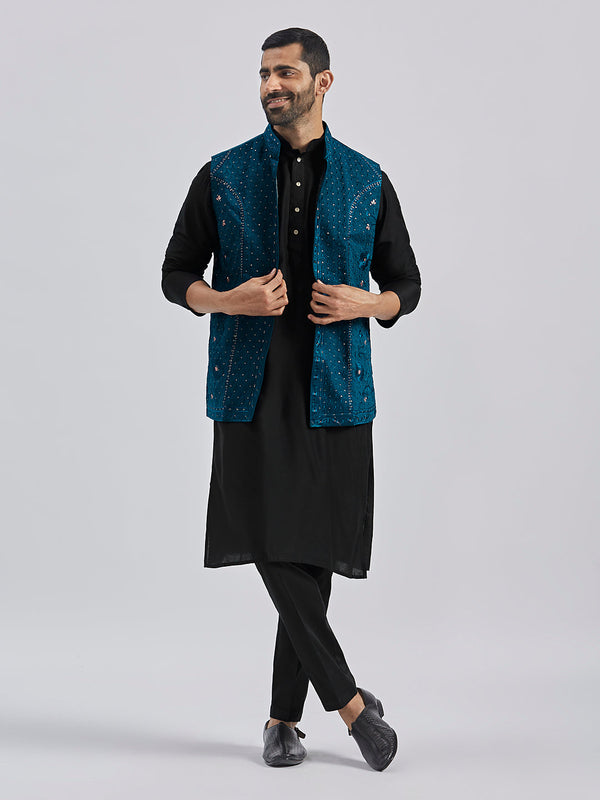 Jashvi Men's Black And Turquoise Viscose Jacket, Kurta and Pyjama Set