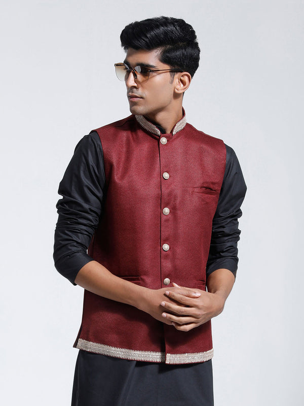 Jashvi Men's Maroon Jute Nehru Jacket