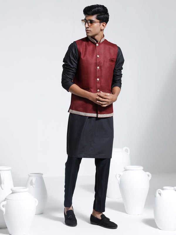 Jashvi Men's Maroon And Black Cotton Silk Jacket, Kurta and Pyjama Set