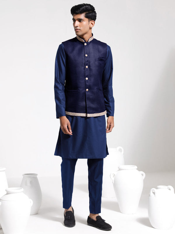 Jashvi Men's Navy Blue Cotton Silk Jacket, Kurta and Pyjama Set