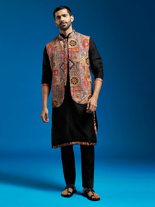 Jashvi Men's Black Viscose Jacket,Kurta And Pyjama Set.