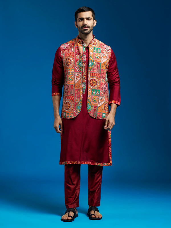 Jashvi Men's Maroon Viscose Jacket,Kurta And Pyjama Set.